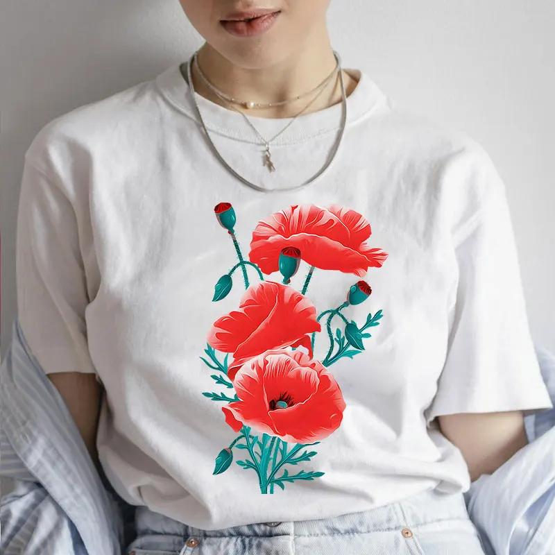 Fashion Red Poppy Flower Unisex T Shirt Funny Tops Tee Female Short Sleeve Tshirt Harajuku Tee Shirts Female Tee Girls Tshirts