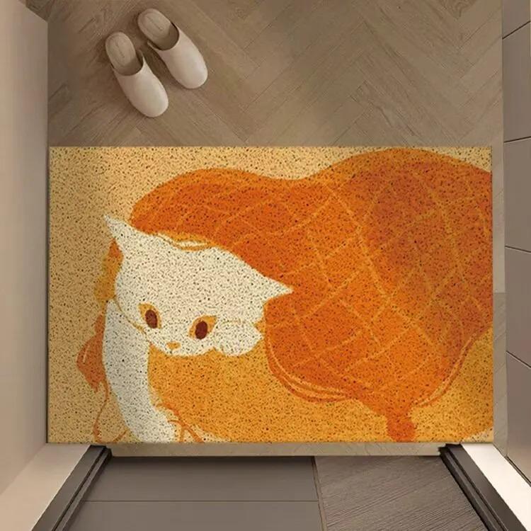 Cartoon Cats Print PVC Loop Doormat Blue Yellow Color Block Cuttable Dust Removal Non Slip Wear Resistant Floor Rug Home Decor