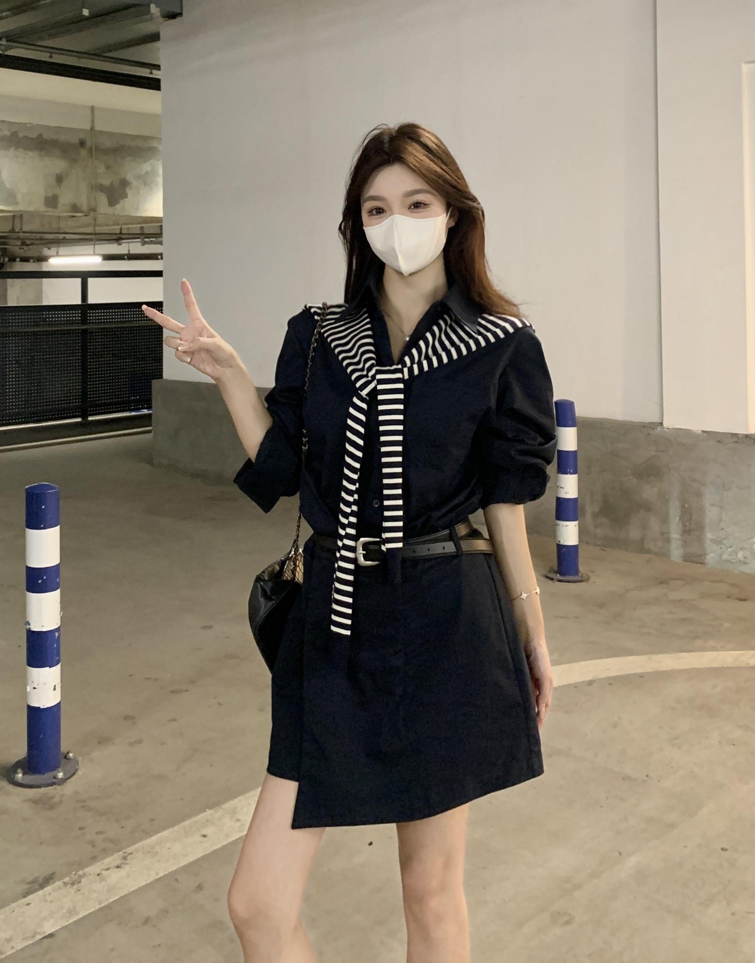 

Plus Size Autumn 2025 POLO Collar Long Sleeve Button-Up Dress with Irregular Hem and Knit Shawl 3XL
