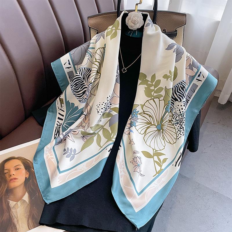 Spain Fashion Lovely Floral Square Silk Scarf Ladies High Quality Print Soft Shawls and Wraps Bufandas Muslim Hijab 90*90Cm