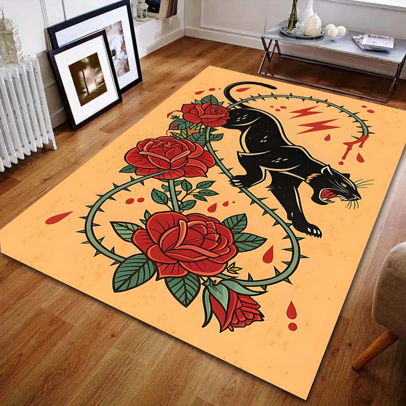 Black Panther and the Thorny Rose Print Carpet for Bedroom Living Room Bedside Sofa Floor Mat Modern Home Decor Area Rug