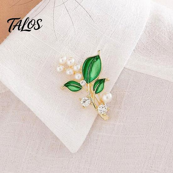 Talos Brooch Pin, Plant Shape Lapel Pin with Green Leaf Design, Imitation Pearl Rhinestone Combination Stable Buckle for Daily Commuting And