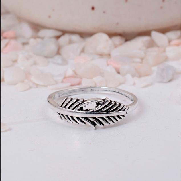 Feather Silver Plated Band Ring | Detailed Leaf Brass Biker Jewelry | Nature Inspired Gift for Him/Her