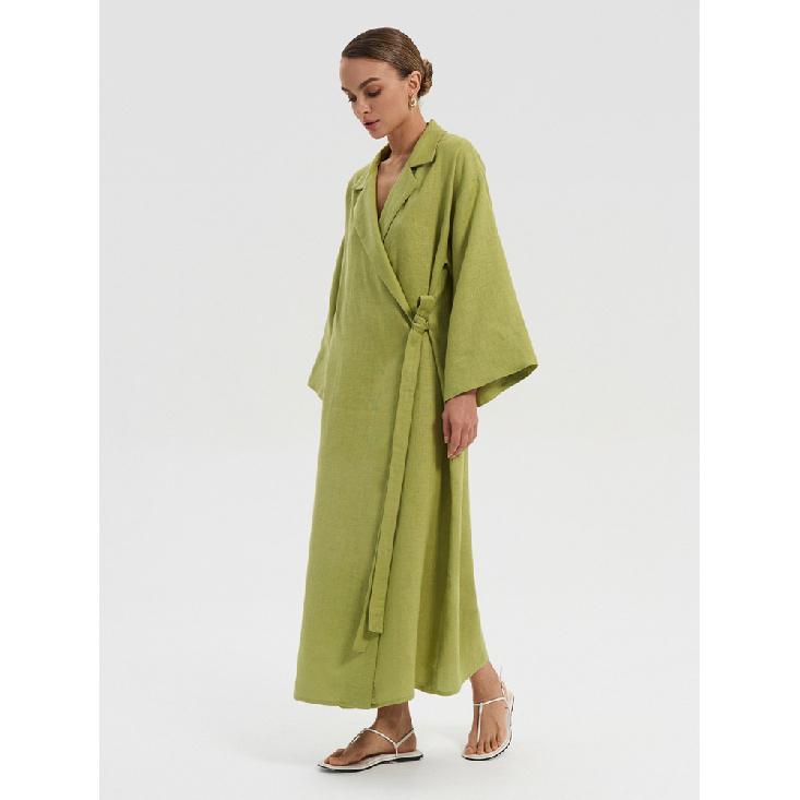 Sommer Neues Damen Stilvolles Rotes Leinen Wickel Maxi Kleid Revers Kimono Ärmel Gürtel Lange Robe Elegantes Schickes Kleid