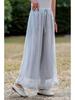 2026 Artistic Solid Color Ramie Wide-Leg Ruffle Pants - Elastic Waist, Double-Layer, Women’s Summer Casual Long Pants