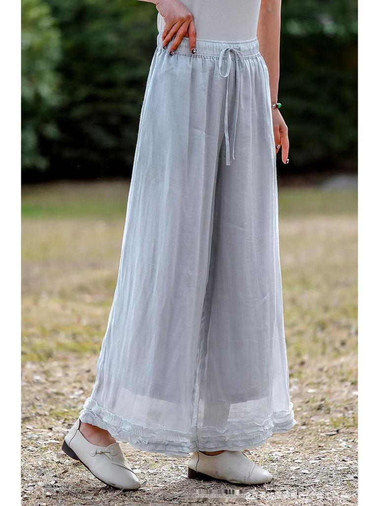 2026 Artistic Solid Color Ramie Wide-Leg Ruffle Pants - Elastic Waist, Double-Layer, Women’s Summer Casual Long Pants