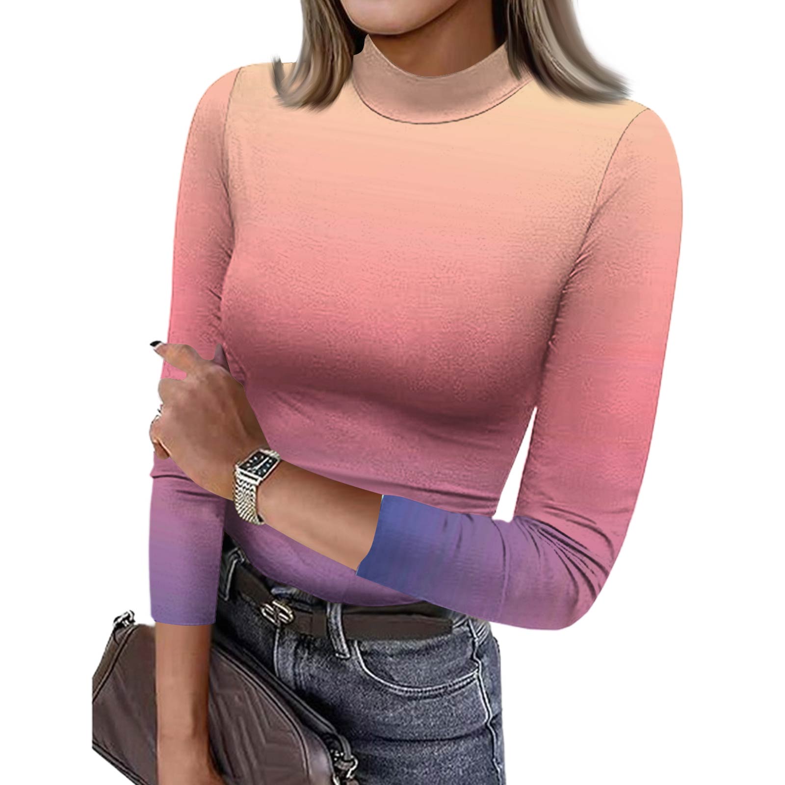 

Женская футболка с облегающим низом, модная повседневная, с градиентным принтом, с круглым вырезом, пуловер, топ с рукавом 3/4 L розовый