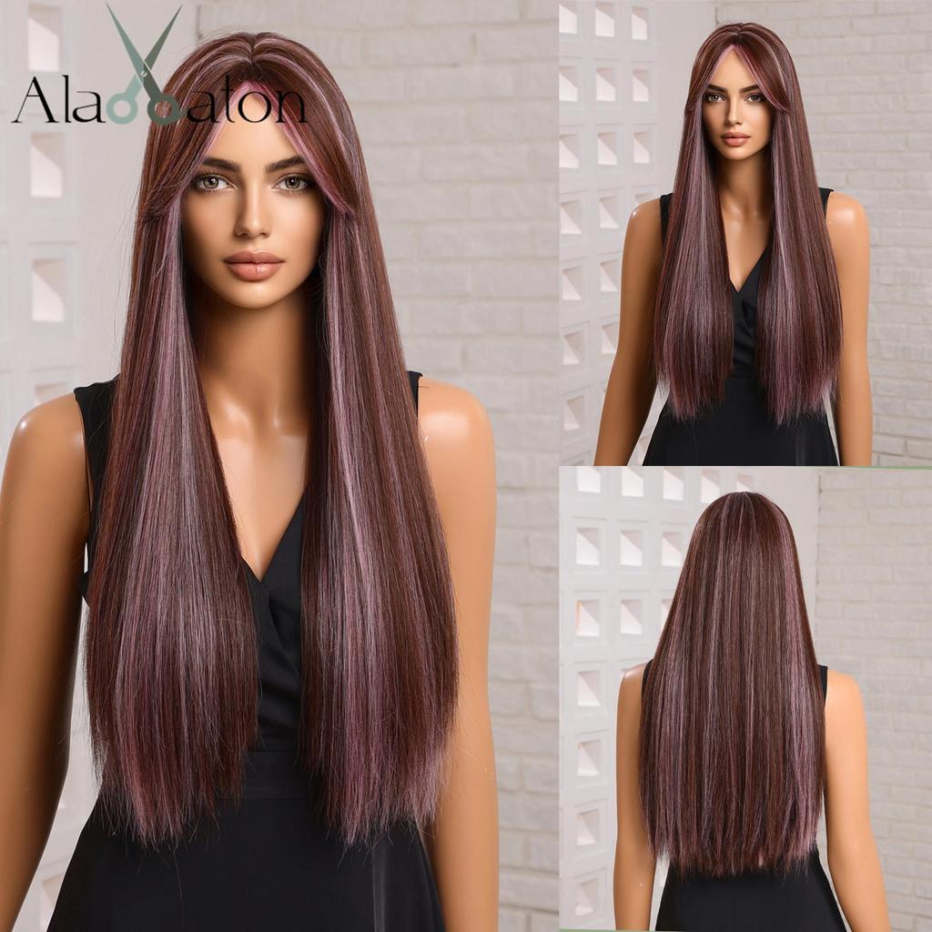 ALAN EATON Lange, glatte Perücken, braune Kunsthaar-Perücke mit Pony für Damen, für den Alltag, Partys, Cosplay, hitzebeständige Fasern, weiße Damen