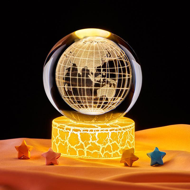 3D Earth Carved Night Light Ornament: Luminous Crystal Glass Ball Gift for Boys and Girls.