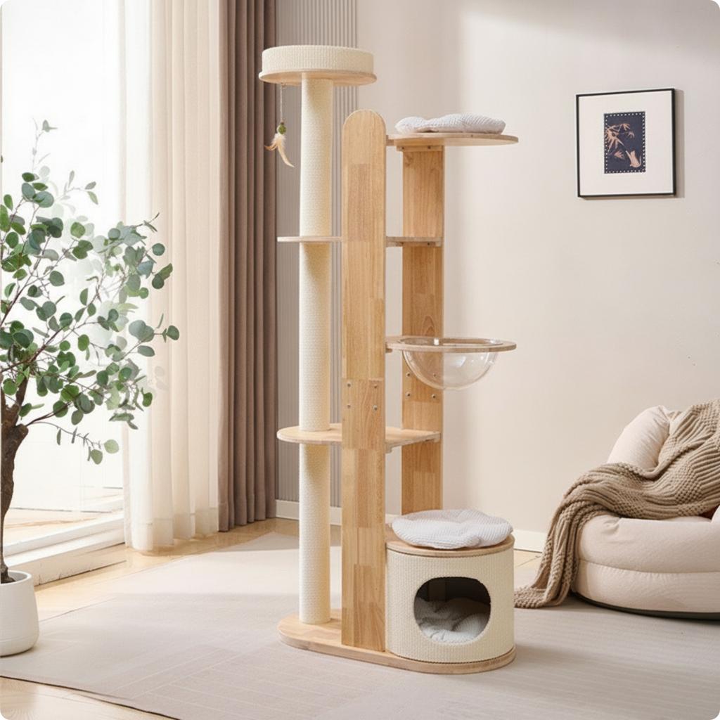 Cat Tree with Clear Bowl Tall Wooden Cat Cat Structure with Scratching Posts Pet Furniture Solid Wood Indoor for Cats