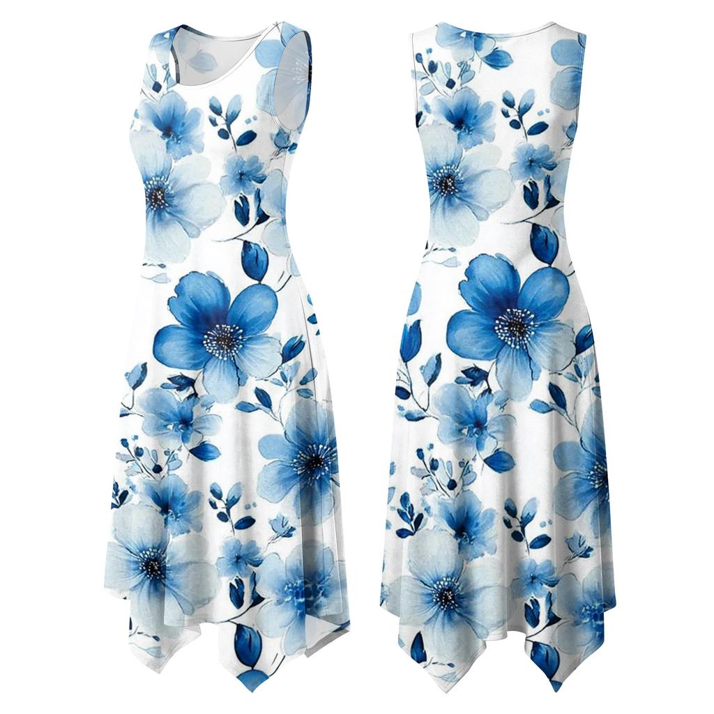 Women's Casual Sleeveless Floral Print Dress with Round Neck and Asymmetrical Hem Mid-Length Summer Dress for Daily Wear