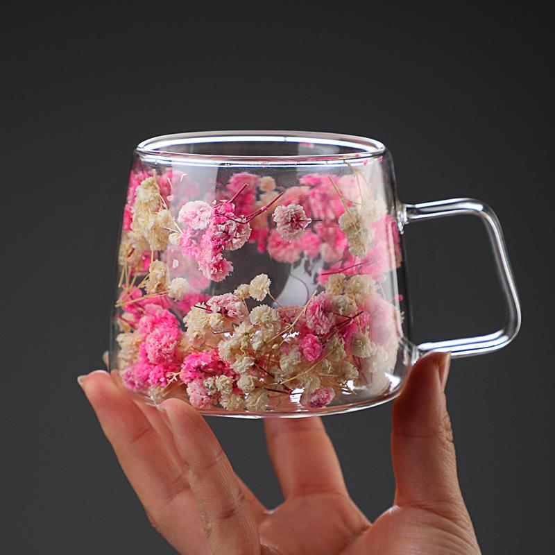 200ml Flower Coffee Cup Double Wall Glass Heat Resistant Dried Floral Mug Crsytal Iced Coffee Beer Wine Glass Beverage Glassware