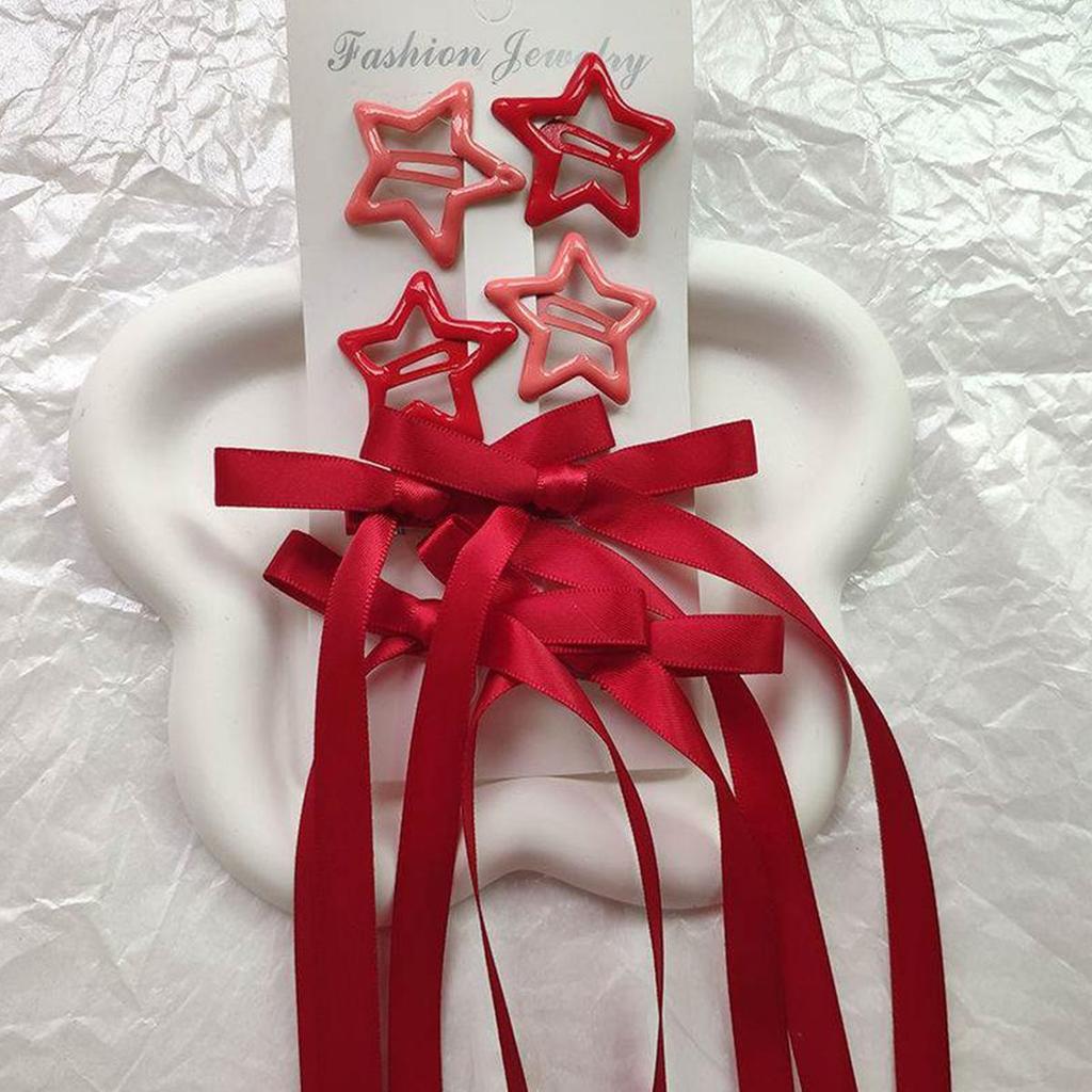 6-piece Set of Women's Hair Accessories, Starry and Bow Set, Ballet Style Bow Ribbon Ribbon Hair Clip, Double Ponytail Ribbon