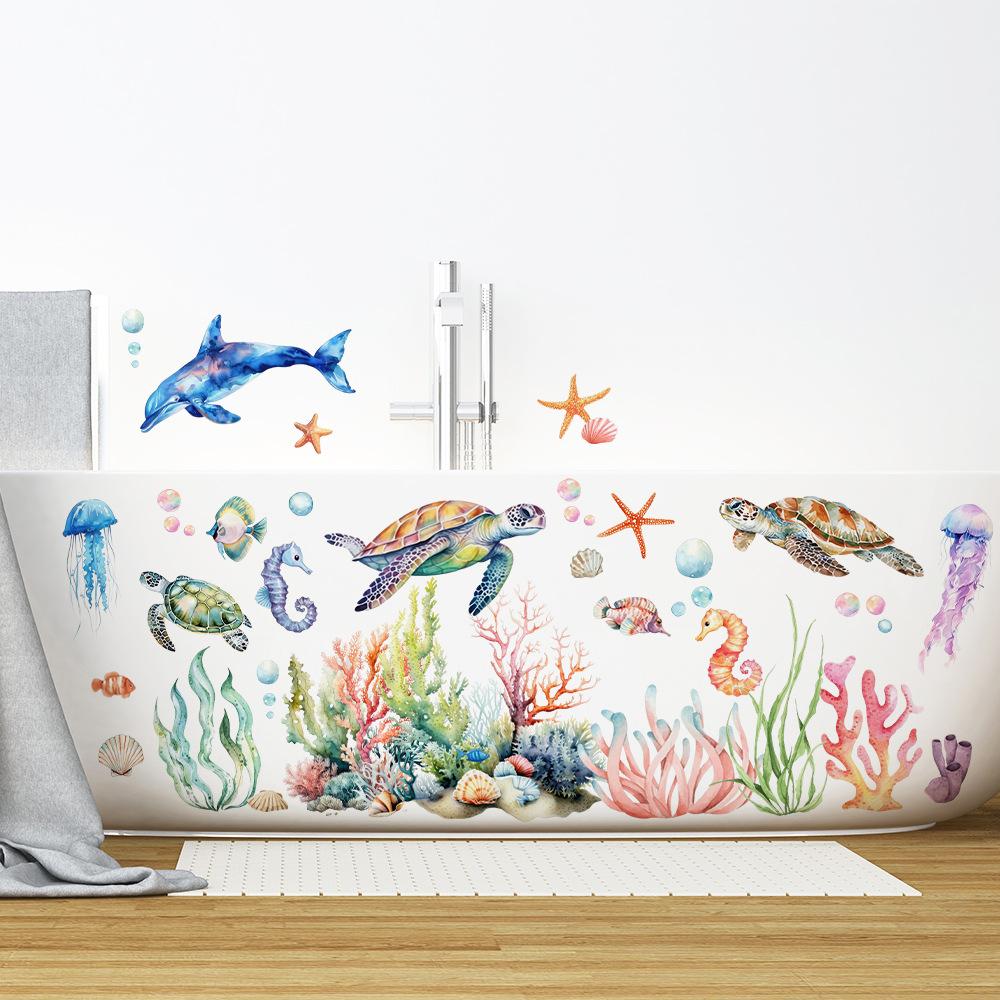 Cartoon, Watercolor Ocean, Coral, Jellyfish, Turtle, Decorative Wall Stickers, Bedroom and Bathroom Beautification, Home Decoration Stickers