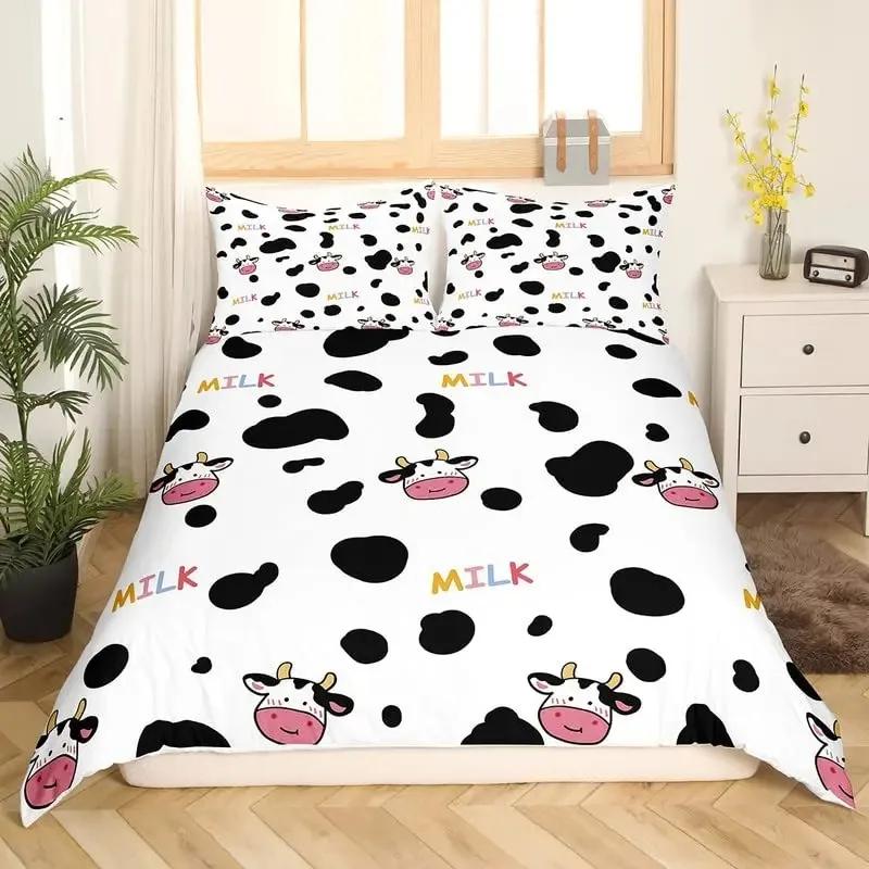 Milk Cow Pattern Bedding Set King Queen Animals Theme Comforter Cover Chocolate Brown Duvet Cover Cute Kawaii Cattle Quilt Cover
