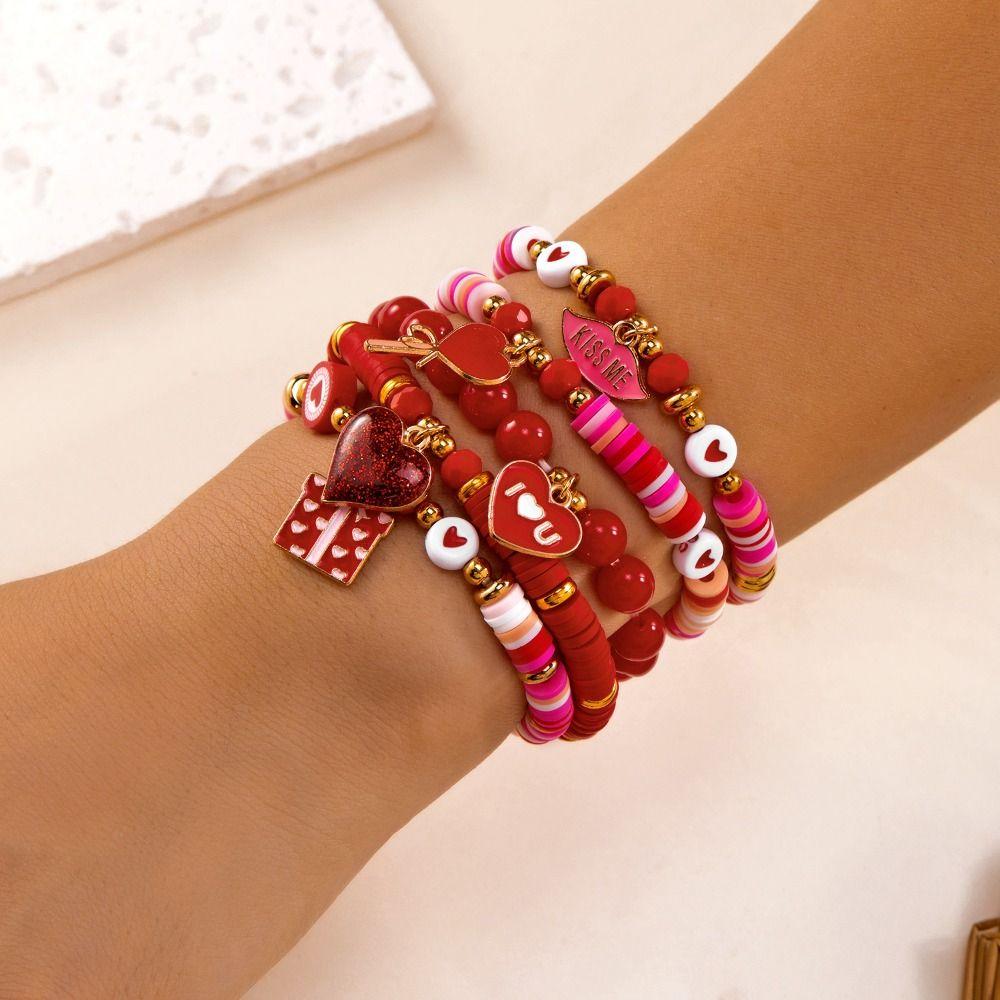 Handmade Design Soft Clay Beaded Bracelet Letters Heart Pendant Hand Chain  New Year Gift