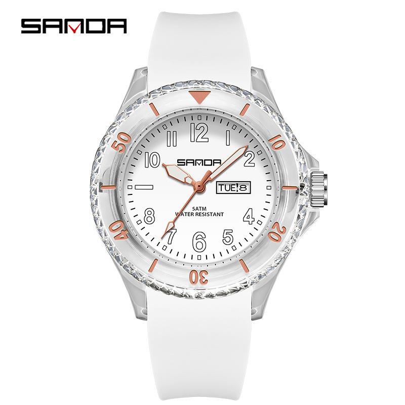 Sanda Student Sports Watch: Waterproof Quartz with Double Calendar, Transparent Case - Fashionable and Personalized for Kids.