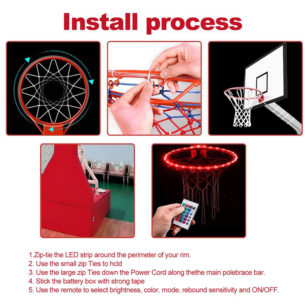 Światła LED do kosza z pilotem zdalnego sterowania, światło LED do obręczy kosza, 4 tryby, 16 kolorów, wodoodporne dla