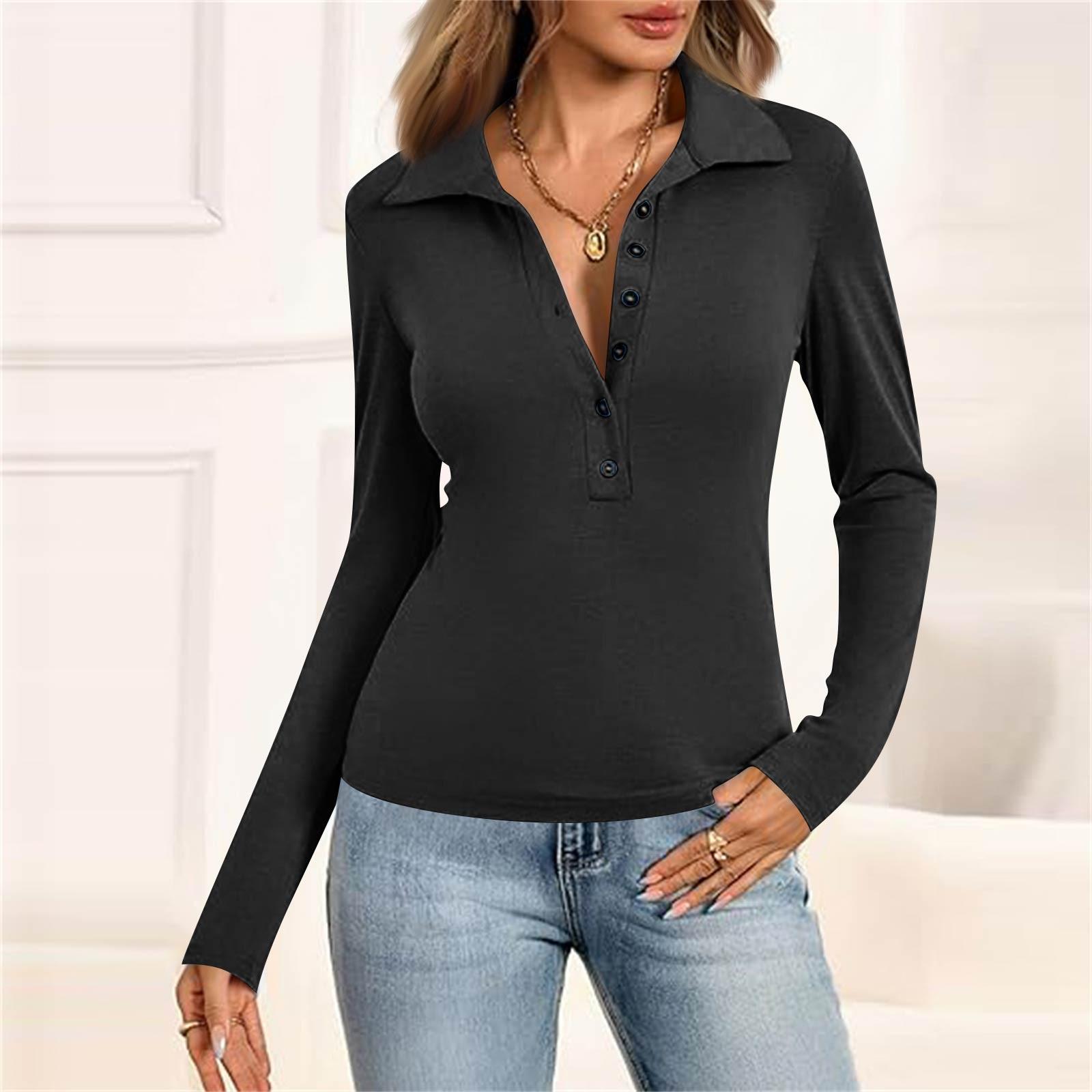 

Women s Fashion Casual Solid Color V-Neck Long Sleeve Button Down Collar Shirt Top L чорний