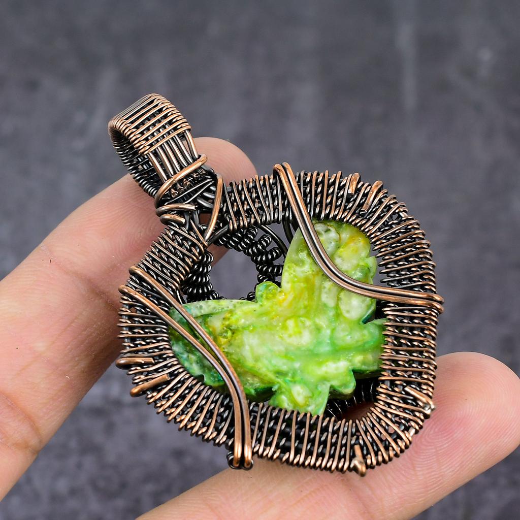 Opal Verde Elvețian Handmade Înfășurat în Sârmă de Cupru Bijuterie Pandantiv 2,48" C1h33