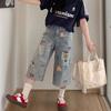 Bear Embroidered Hole Jeans Pants Summer Loose Plus Size Denim Short Pants Female Casual Wide Leg Cropped Pants