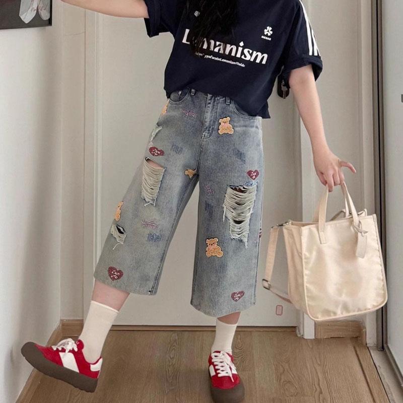 Bear Embroidered Hole Jeans Pants Summer Loose Plus Size Denim Short Pants Female Casual Wide Leg Cropped Pants