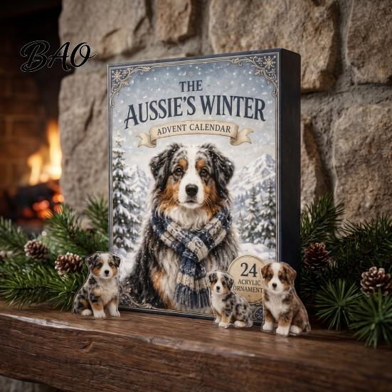 Niedliche Acryl-Anhänger Aussie Hund Adventskalender, 24-Tage Winter-Countdown-Set mit Australischen Kinder-Weihnachtsgeschenk Schäferhund-Anhängern, 2D Hängend