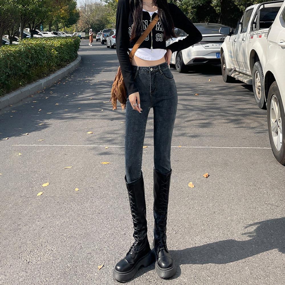 Simple High-waisted Elastic Small-footed Jeans for Women's Autumn and Winter 2025 New Thin and Slim Small Pencil Pants