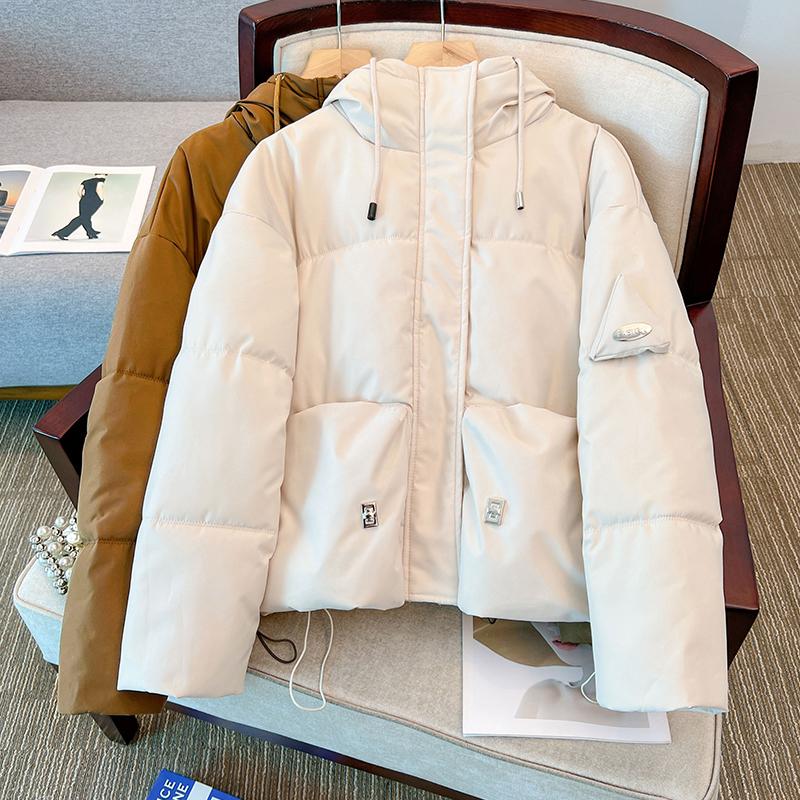 Women Autumn Winter Hooded Collar Long Sleeve Solid Color Warm Coat Drawstring Zipper Loose Parka