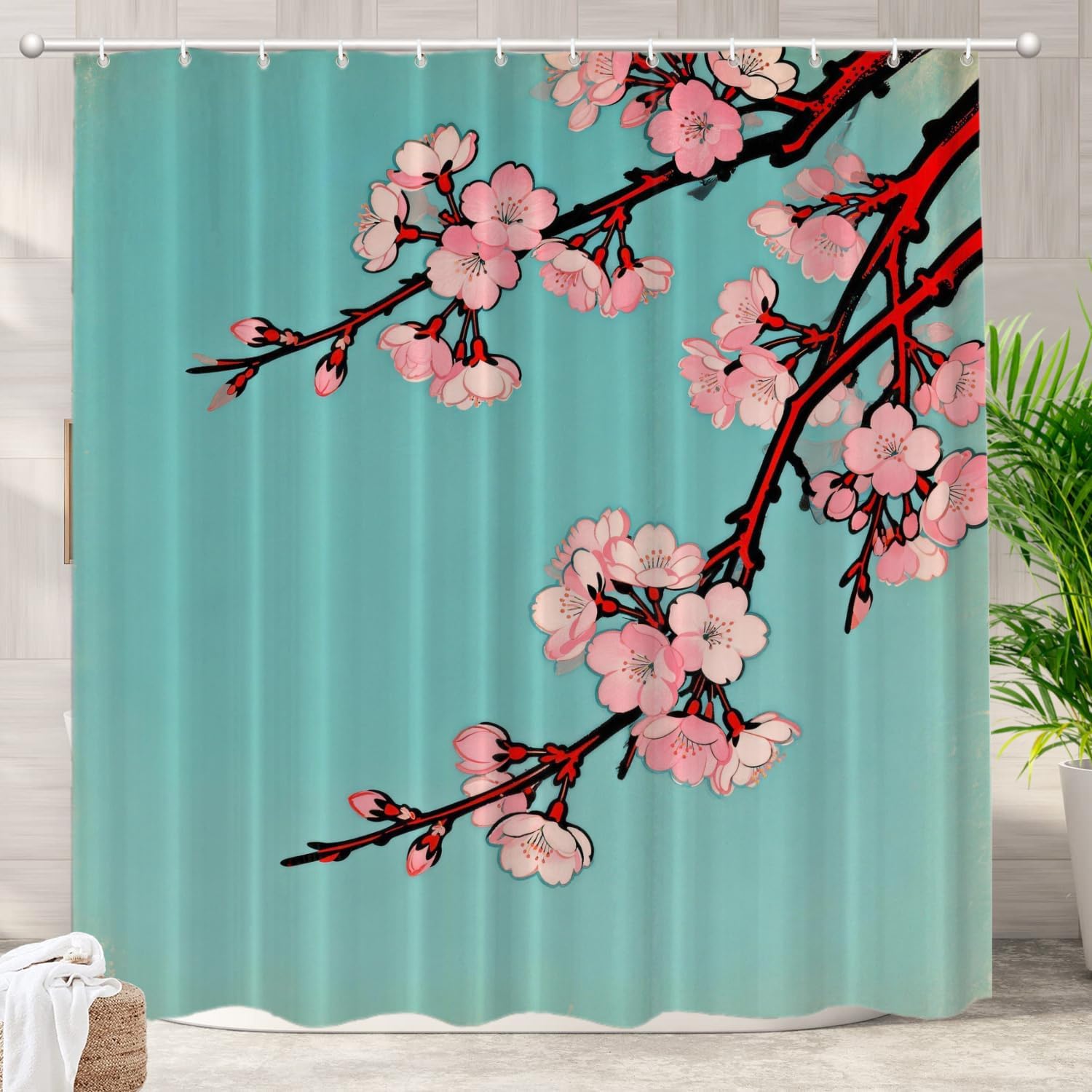 Pink Cherry Blossom Branch Print Waterproof Shower Curtain 180x200cm - Japanese Style Art Print Bath Curtain for Home Decor 90x180cm35x71in