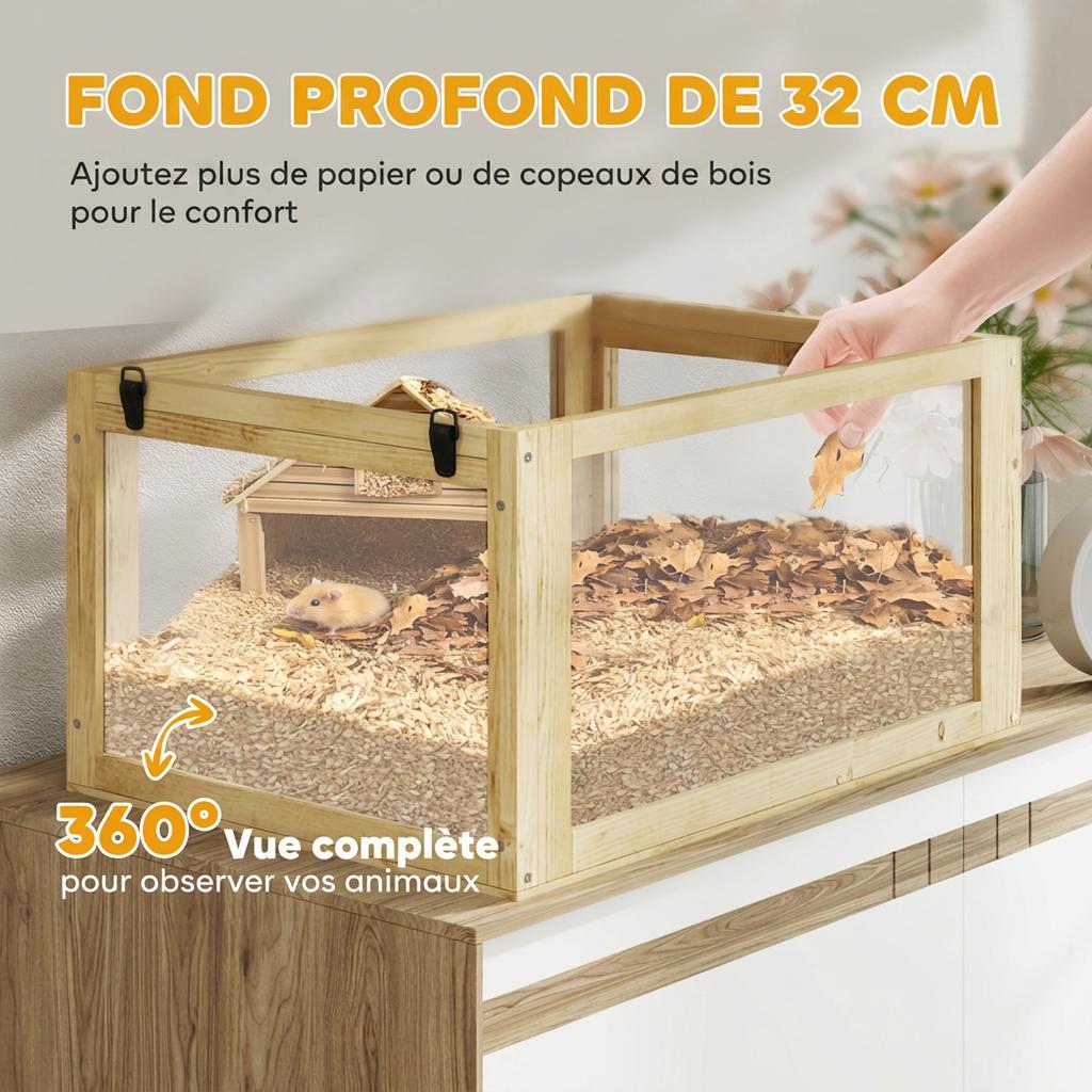 Cage Hamster Rodent 3 Levels, Removable Bottom, Hut, Swing, 60x40x75cm, Natural Wood Finish