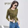 Women's Spring and Autumn Round Neck T-shirt Zipper Cardigan Fashionable and Versatile Pleated High-end Temperament Long-sleeved Top