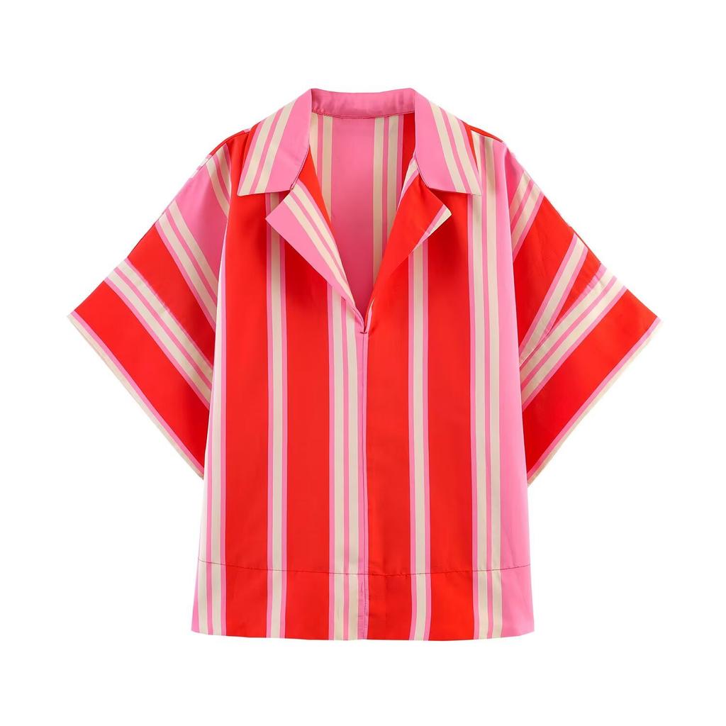 European and American style wholesale women's clothing wide short sleeve side split striped POLO collar shirt + striped wide leg pants