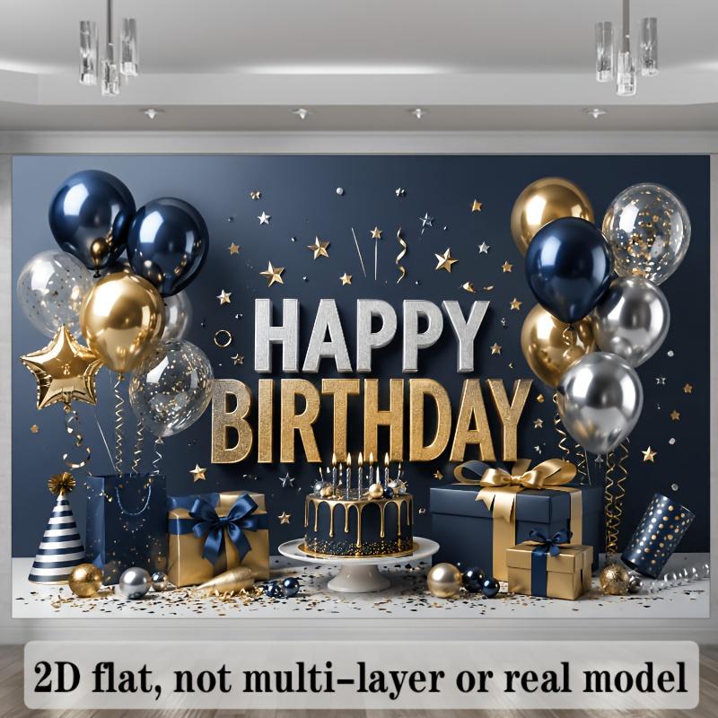 2D plane dark blue black and gold birthday theme banner background with balloons and birthday cakezyc