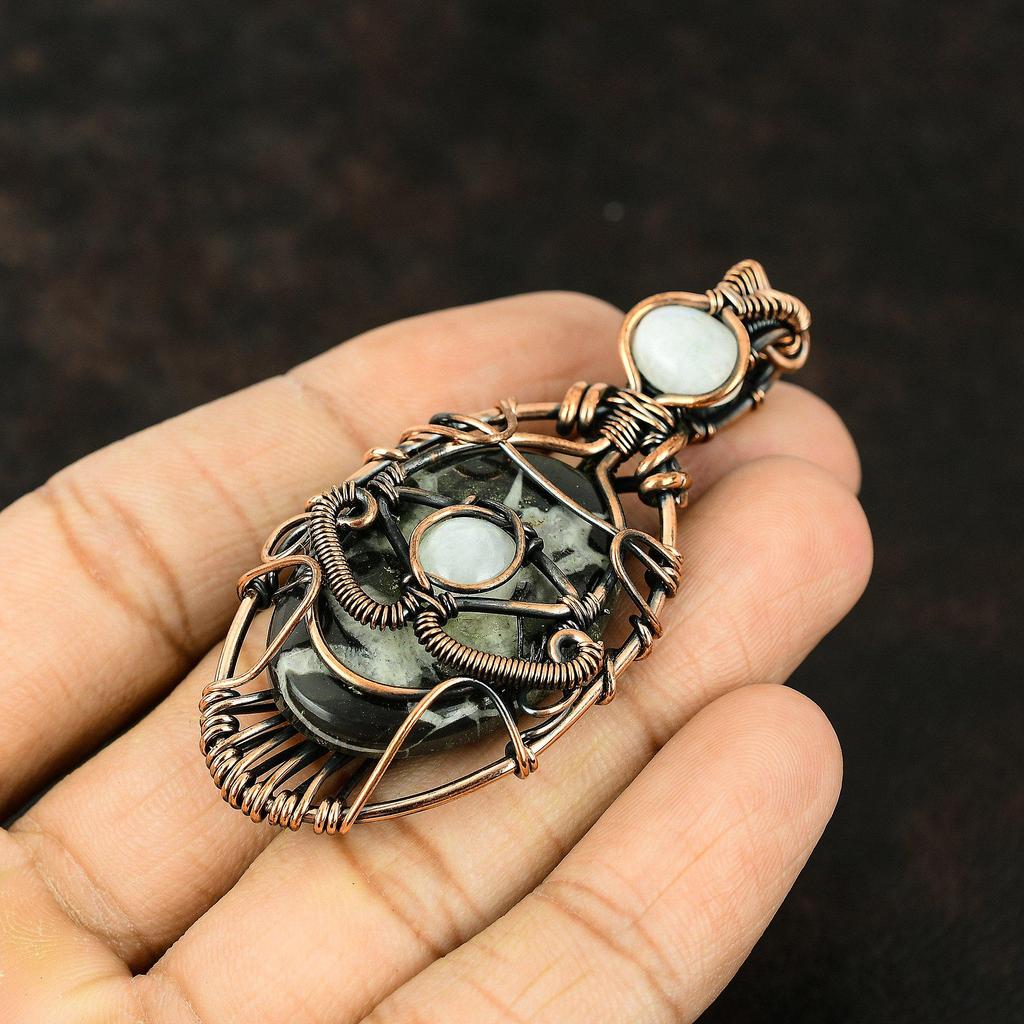 Evil Eye Moroccan Mud Crack Fossil Copper Wire Wrapped Pendant Gemstone Jewelry Handmade Pendant Rainbow Moonstone Pendant Evil Eye Jewelry