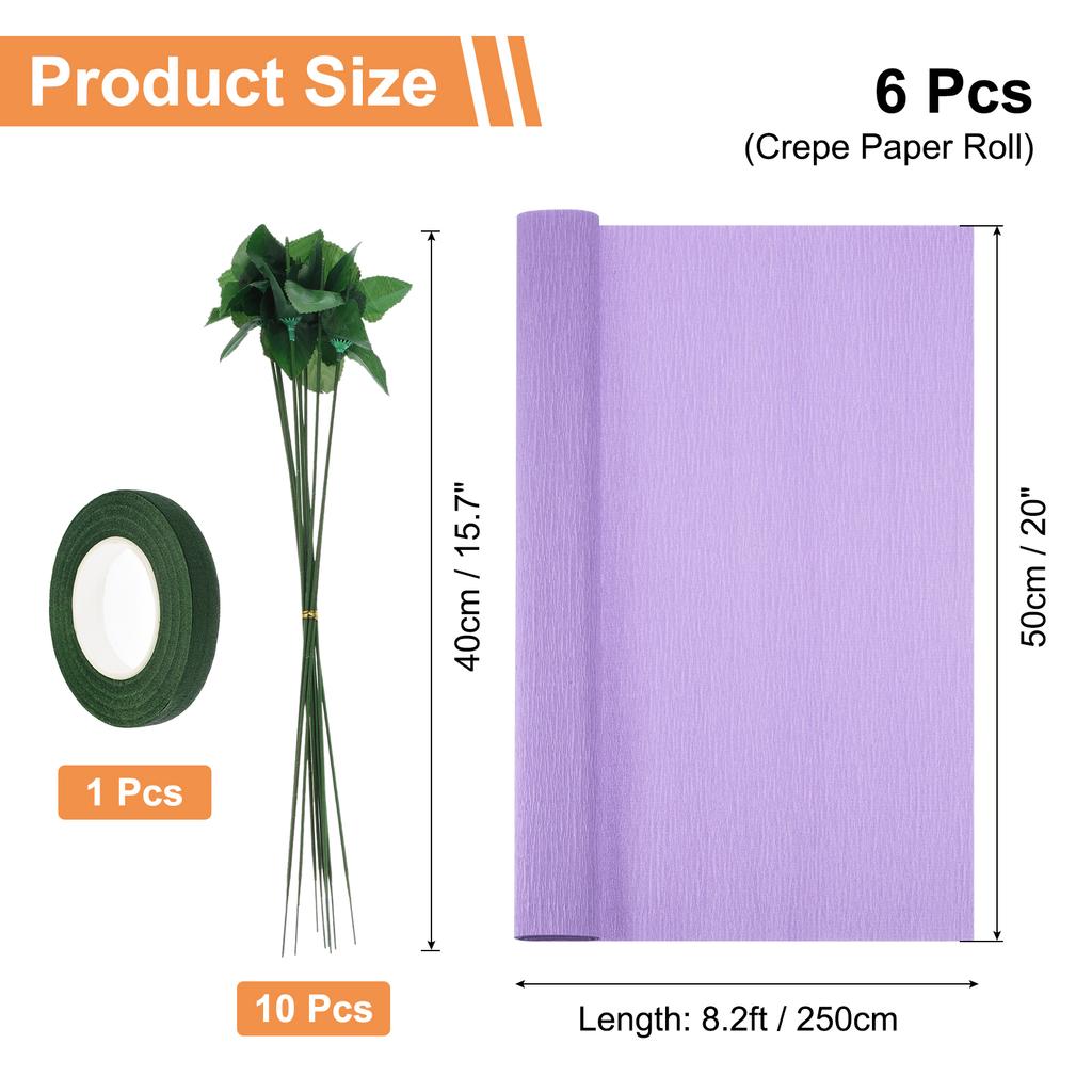 6pcs Crepe Paper Roll with Floral Stem Wire and Green Floral Tapes for Wedding Ceremony Various Large Festivals Decoration