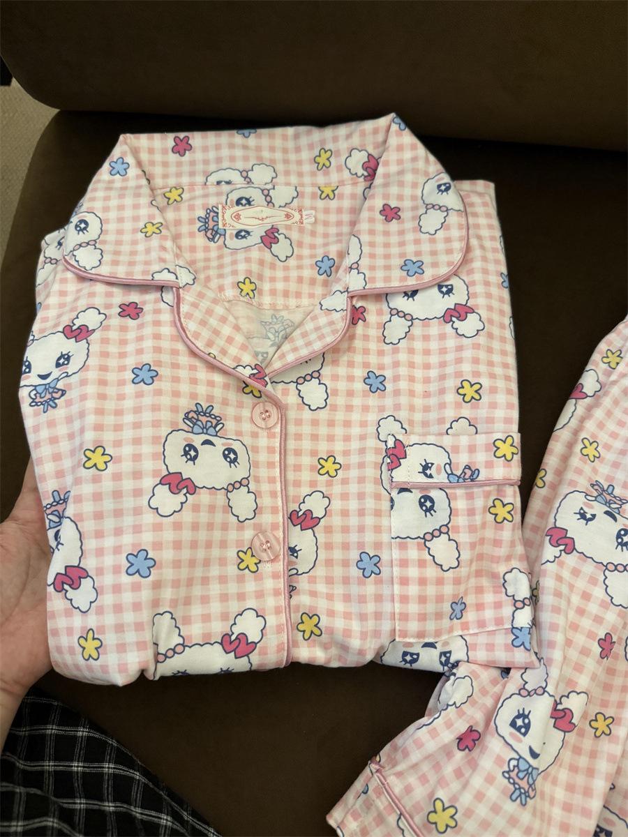 

New pink plaid sweetheart Ji girl pajamas summer short-sleeved shorts cardigan two-piece princess style loungewear S