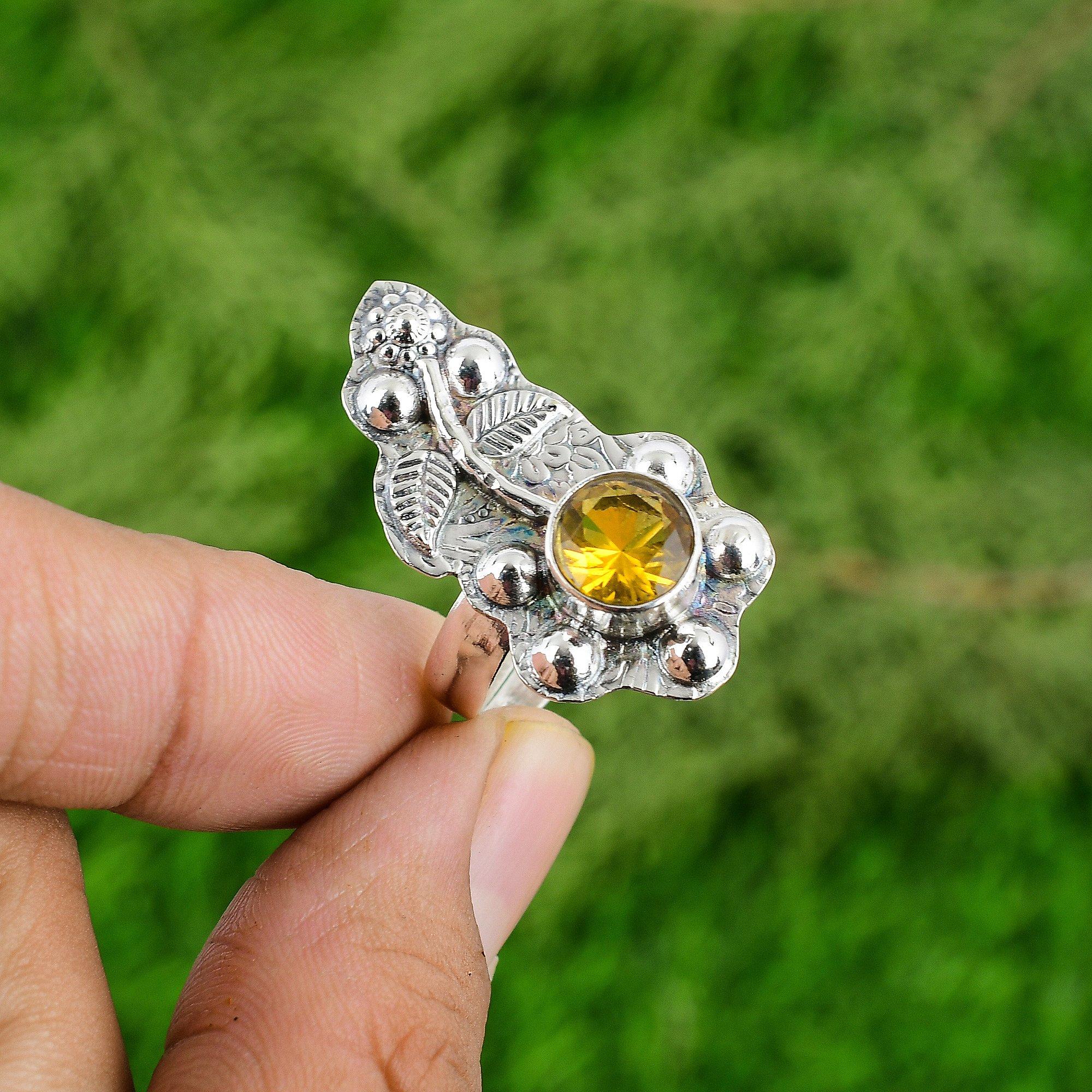 

Natural Citrine Bezel Birthday Flower Solitaire Ring Jewelry 925 Sterling Silver Adjustable