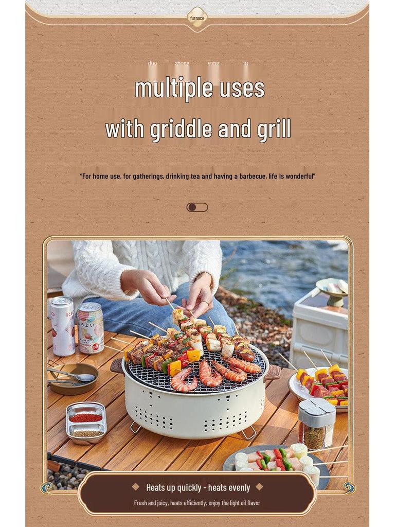 Churrasqueira a Carvão para Exterior com Grelha Redonda para Casa, Preparo de Chá, Acampamento e Uso como Fogão de Aquecimento