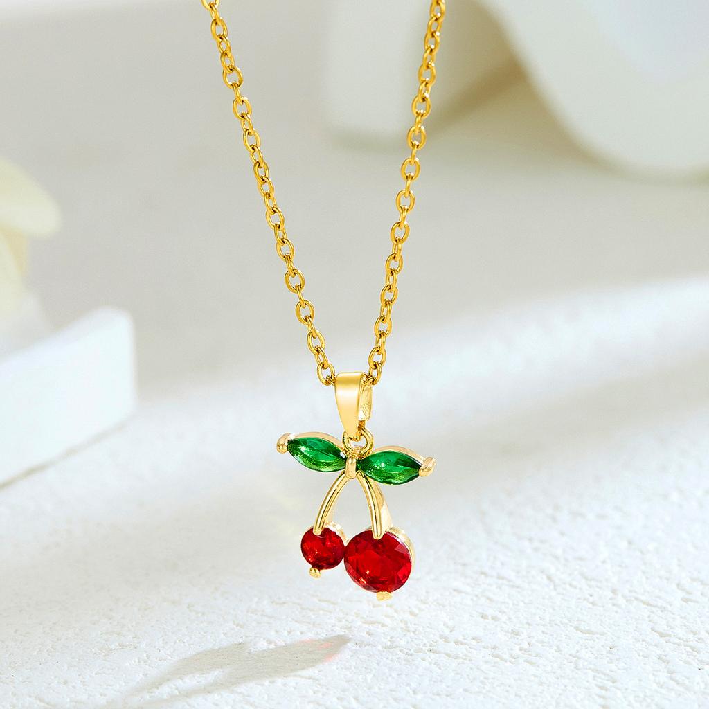 New Sweet and Cute Dripping Oil Strawberry Cherry Titanium Steel Necklace Female Simple Versatile Fruit Series Collarbone Chain