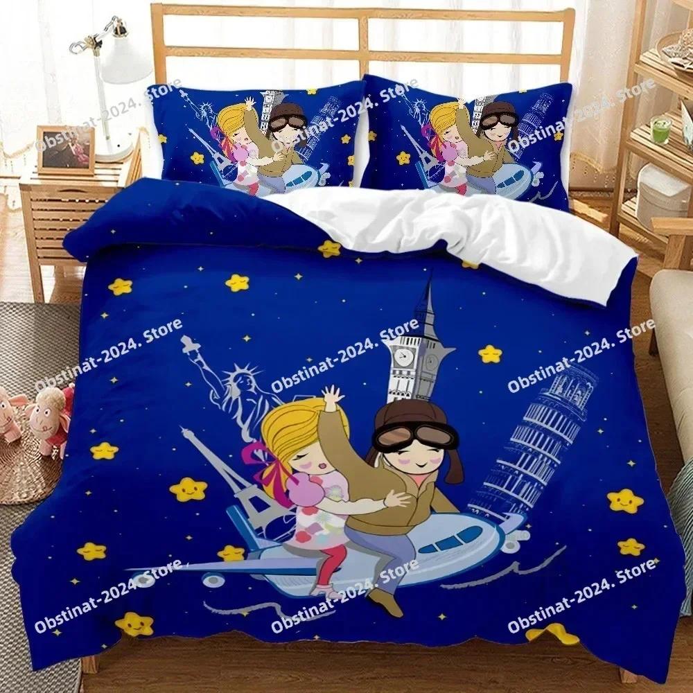 3D Fashion Cartoon Girl Scenery Bedding Set Modern Printed Comforter Quilt Duvet Cover Pillow Case 3 Pieces Sets Kids Adult Size