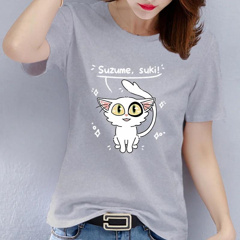 cotton Anime Suzume Suki White Cat Print T Shirt Women Cute Cartoon Graphic Short Sleeve Casual Summer Red Tee