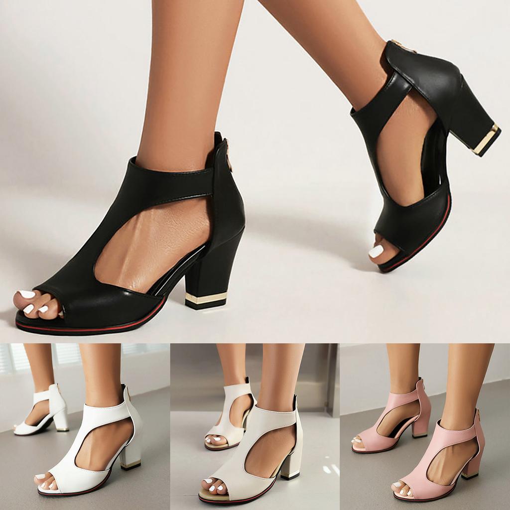 Sandales Fermées Pour Femmes Sandales d'Été à Talon Épais Semelle Épaisse Sexy Fermeture Éclair Arrière Sandales Creuses Bouche de Poisson Sandalias De TacóN