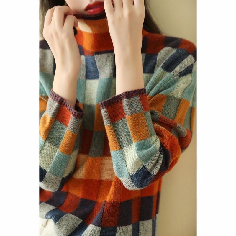 Rainbow plaid knitted sweater women's fashion contrasting color turtleneck sweater autumn and winter new loose lazy pullover