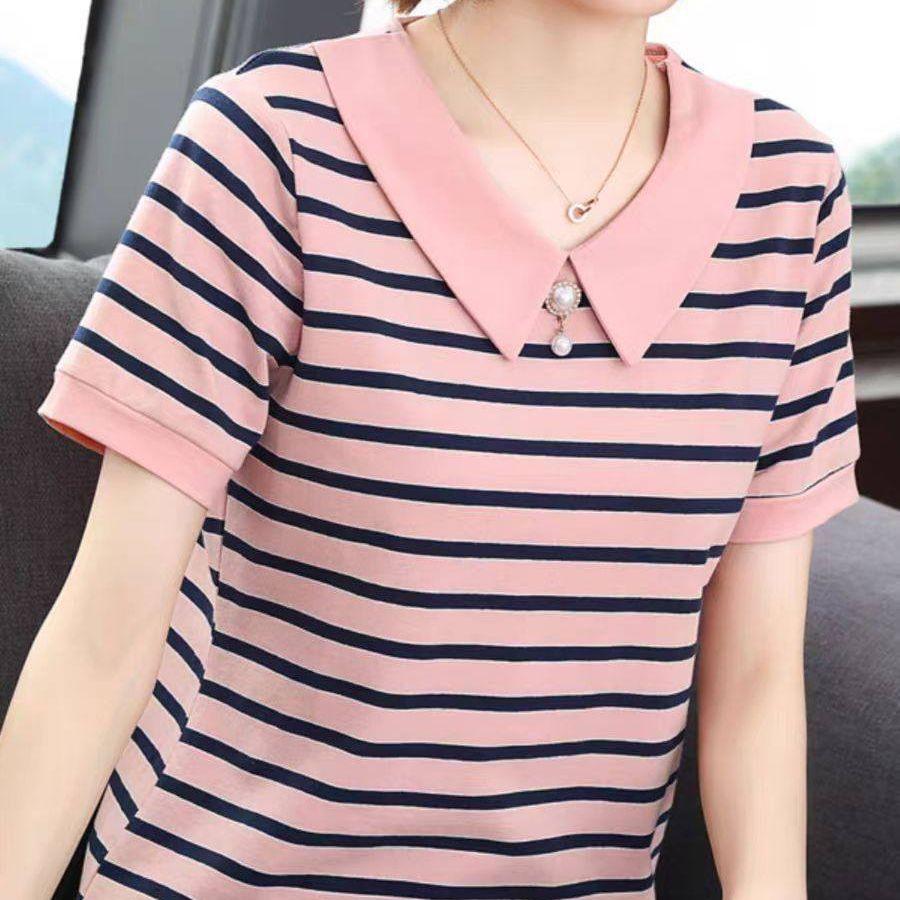 

Летняя полосатая футболка с коротким рукавом женская 2025 новая для женщин среднего возраста большого размера майка с лацканами свободный топ M розовый