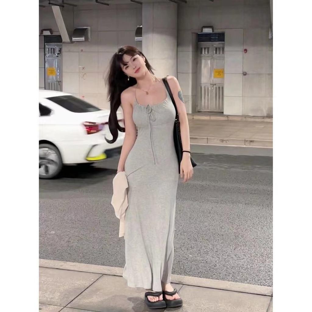 Light Gray Lace-up Neck Dress Summer Sexy Pure Desire Slim-fitting Waist Version Suspender Backless Long Dress