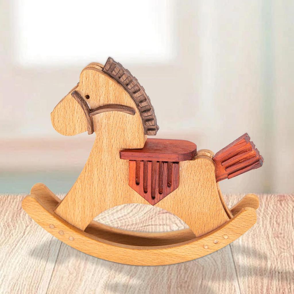 Mini Wooden Rocking Horse Model Tabletop Decoration DIY Unfinished Miniature Statue for