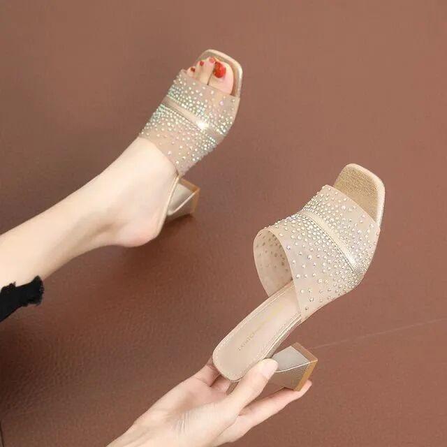 Rhinestones Sandals Open toe Mesh Slippers Women's 2025 New Summer High Heels