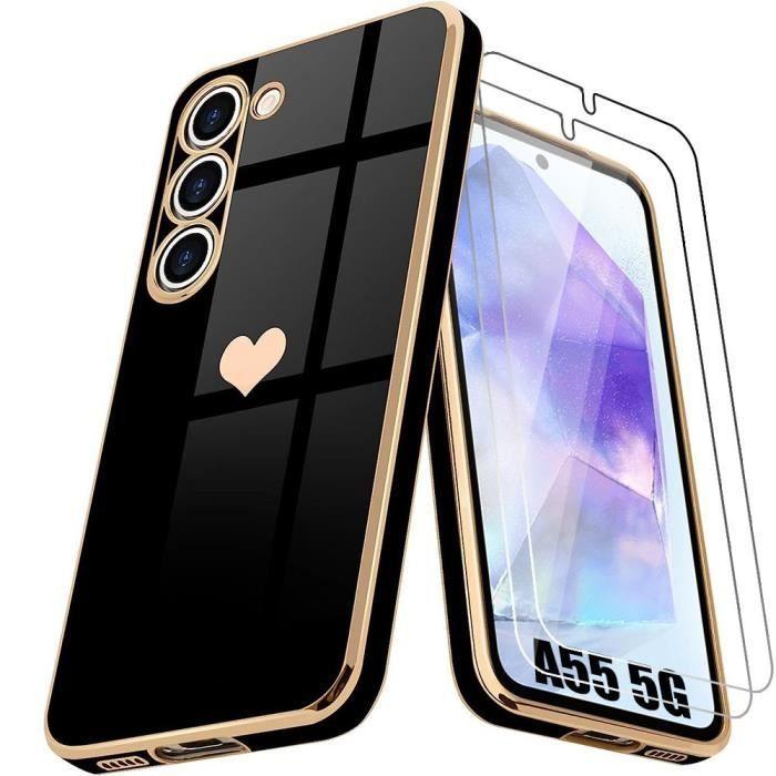 Coque pour Samsung Galaxy A55 5G - Antichoc - Silicone Liquide Noir - Motif Cœur - 2 Verres Trempés