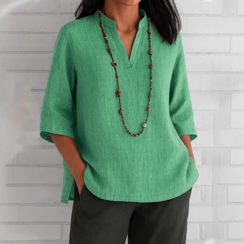 Women V Neck Three Quarter Sleeve Loose Casual Summer Blouse Shirt